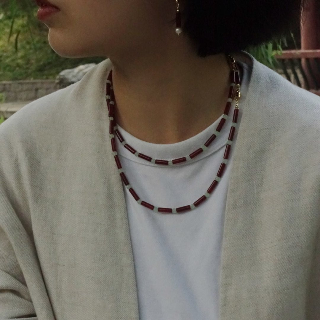 「Chinoiserie」Natural Red Agate Chalcedony Beaded Necklace