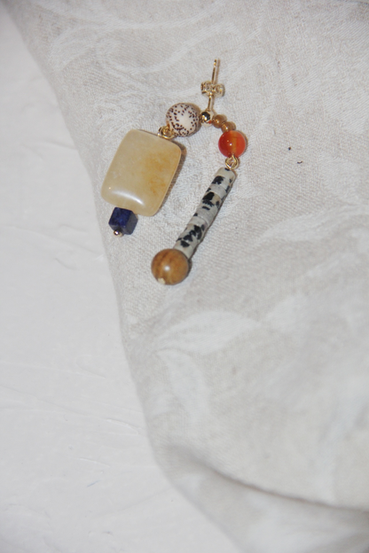 「Chinoiserie」Natural Sandalwood Asymmetric Blue Earrings