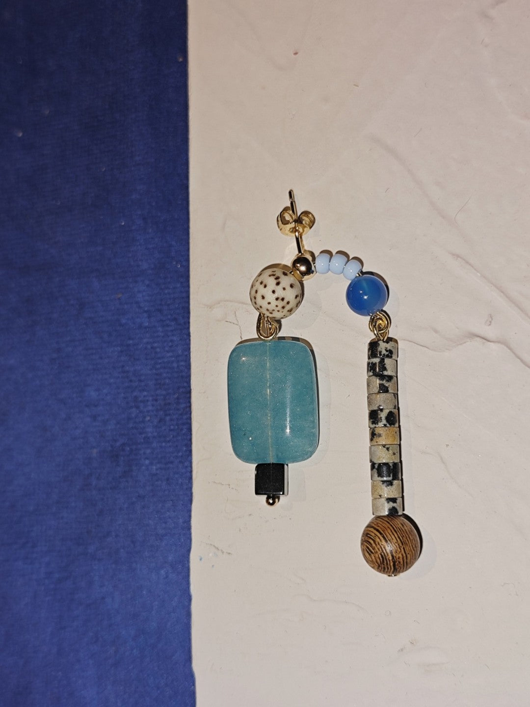 「Chinoiserie」Natural Sandalwood Asymmetric Blue Earrings