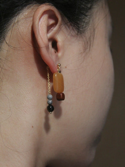 「Chinoiserie」Natural Sandalwood Asymmetric Earrings
