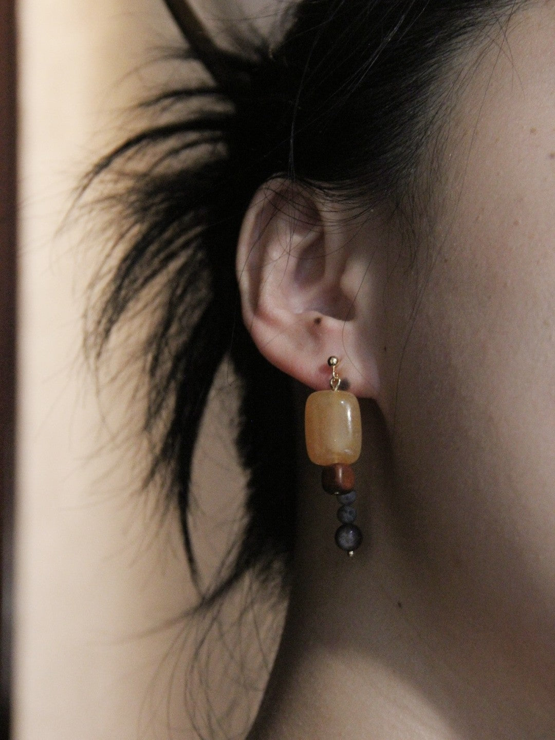 「Chinoiserie」Natural Sandalwood Asymmetric Earrings