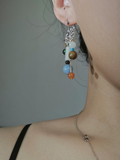 「Chinoiserie」Natural Sandalwood Asymmetric Silver Earrings