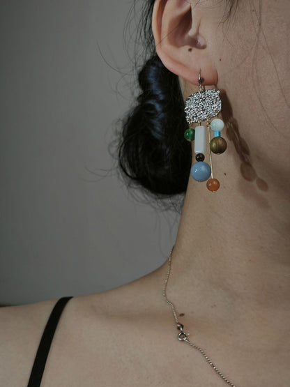 「Chinoiserie」Natural Sandalwood Asymmetric Silver Earrings