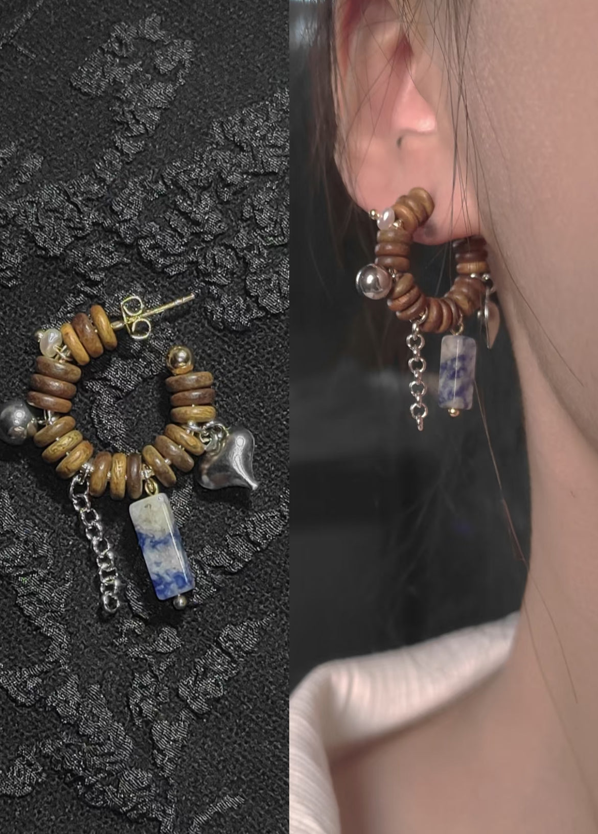 「Chinoiserie」Natural Sandalwood Beaded Hoop Earrings