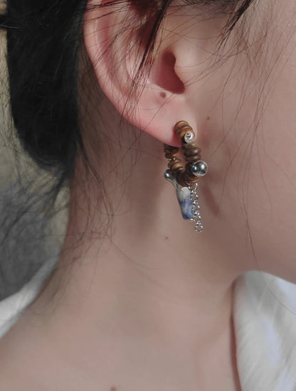 「Chinoiserie」Natural Sandalwood Beaded Hoop Earrings