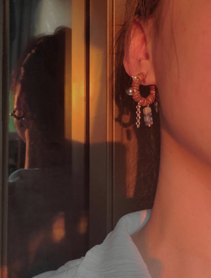 「Chinoiserie」Natural Sandalwood Beaded Hoop Earrings