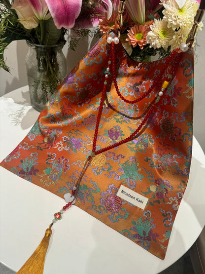 [Chinoiserie] Orange Auspicious Pattern Beaded Tassel Silk Bag