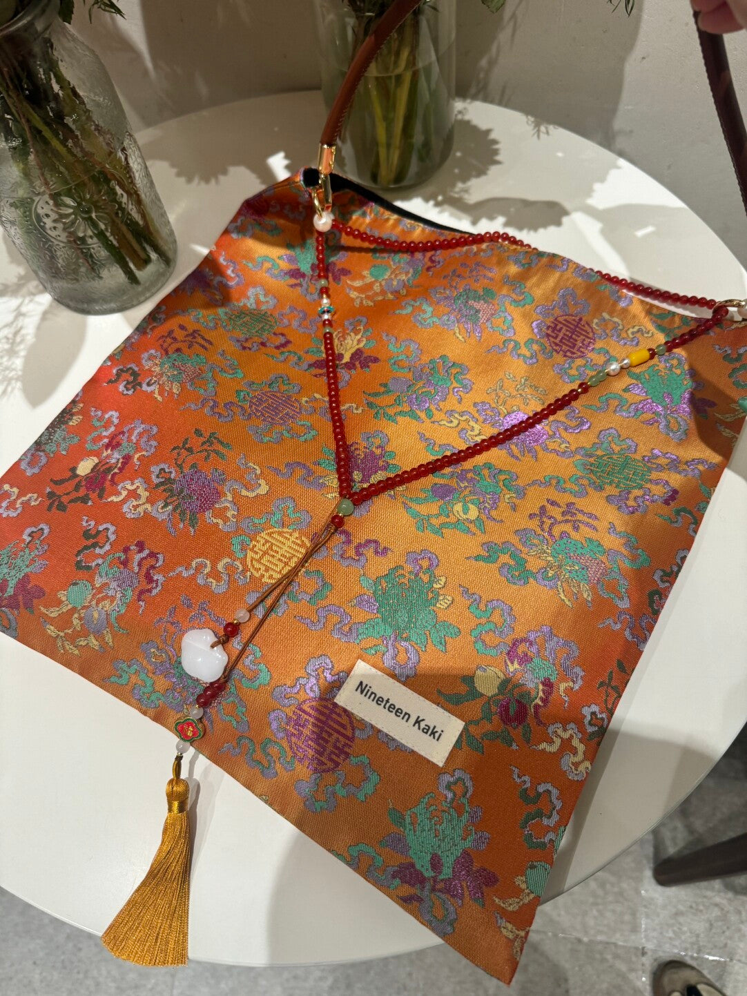 [Chinoiserie] Orange Auspicious Pattern Beaded Tassel Silk Bag