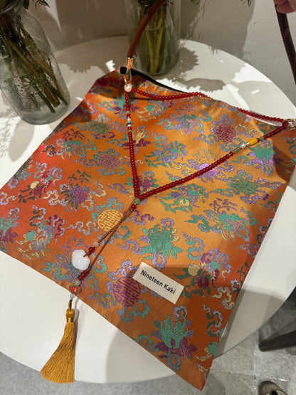 [Chinoiserie] Orange Auspicious Pattern Beaded Tassel Silk Bag