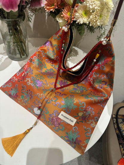 [Chinoiserie] Orange Auspicious Pattern Beaded Tassel Silk Bag