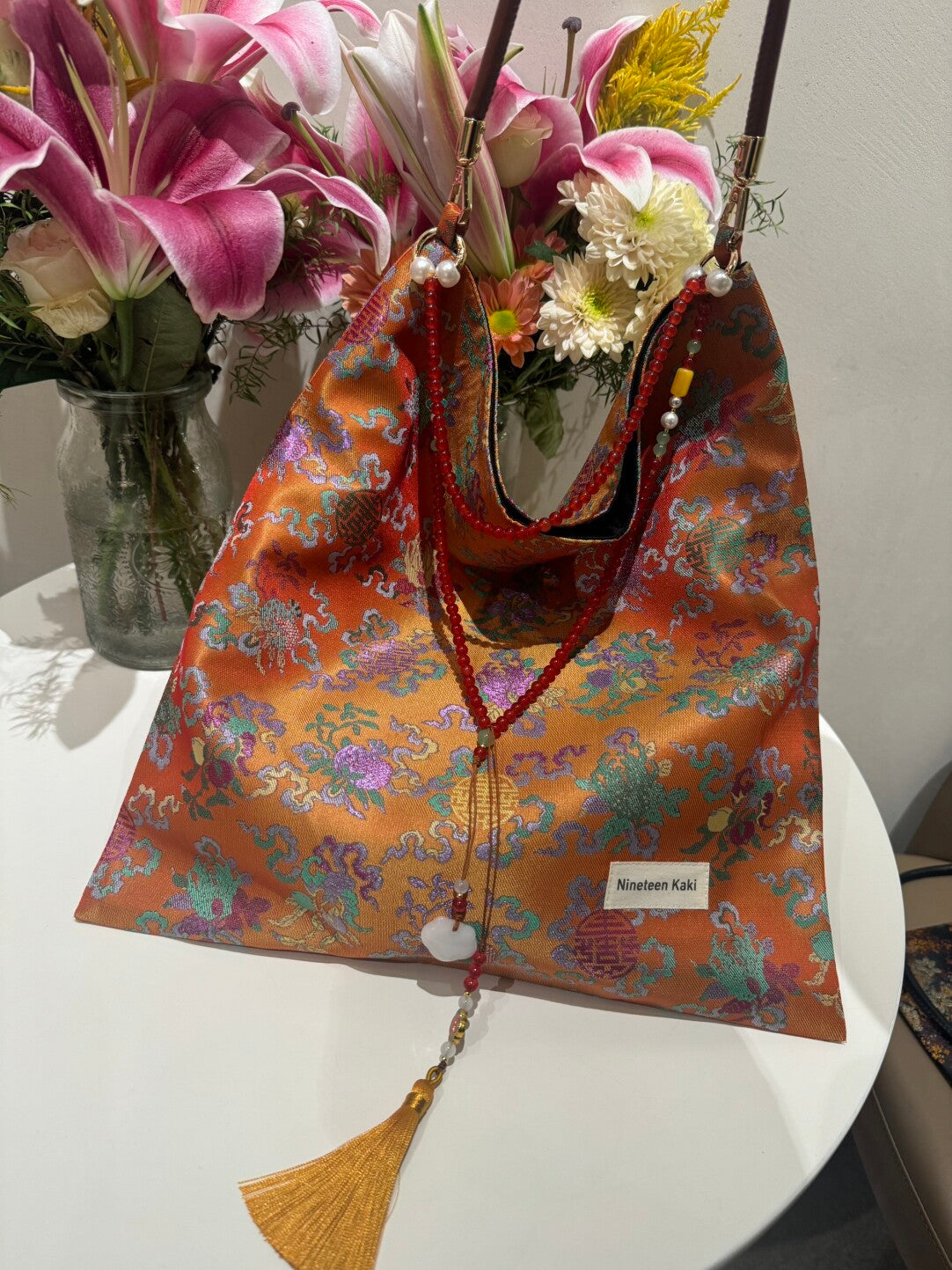 [Chinoiserie] Orange Auspicious Pattern Beaded Tassel Silk Bag