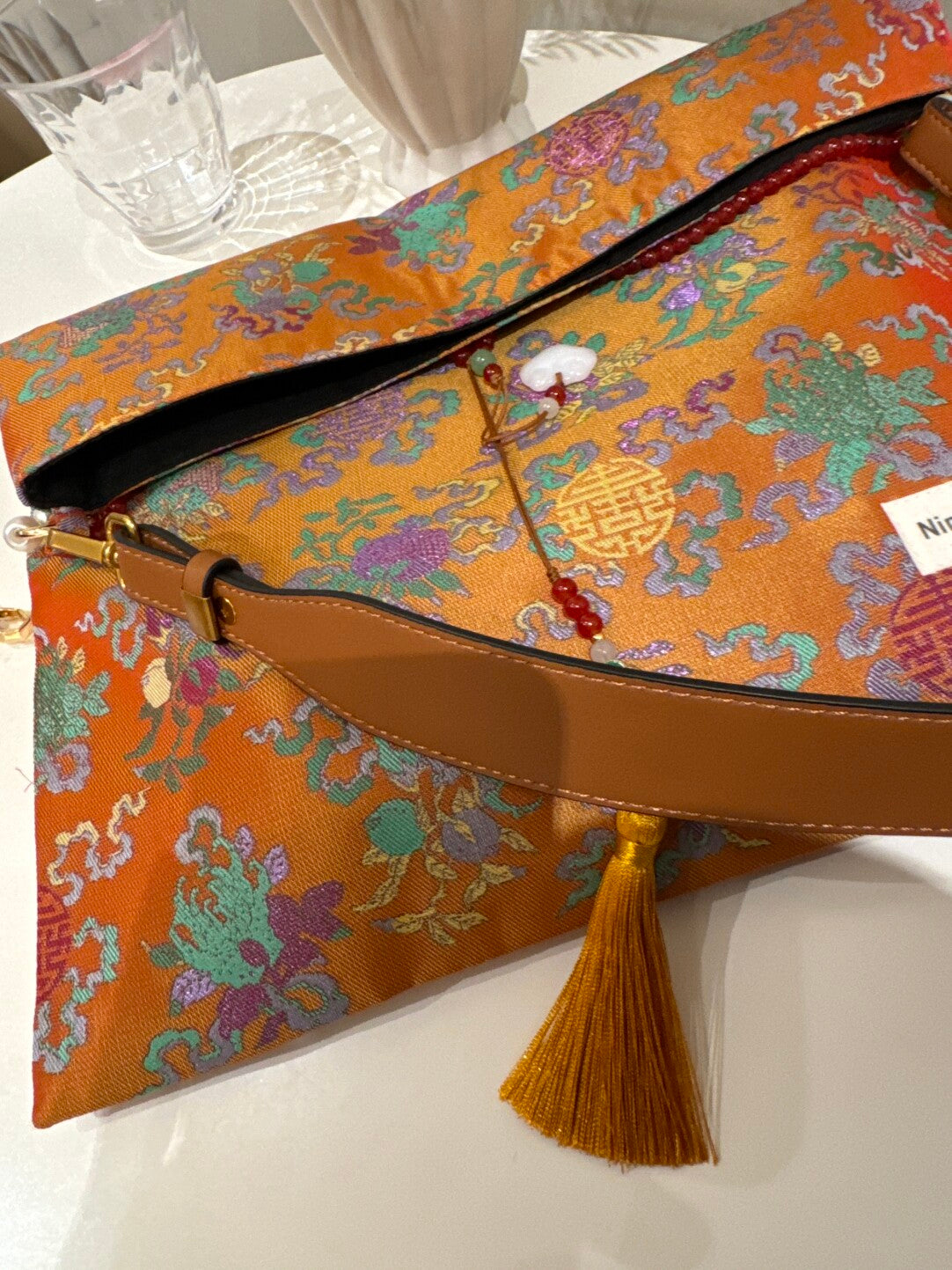 [Chinoiserie] Orange Auspicious Pattern Beaded Tassel Silk Bag