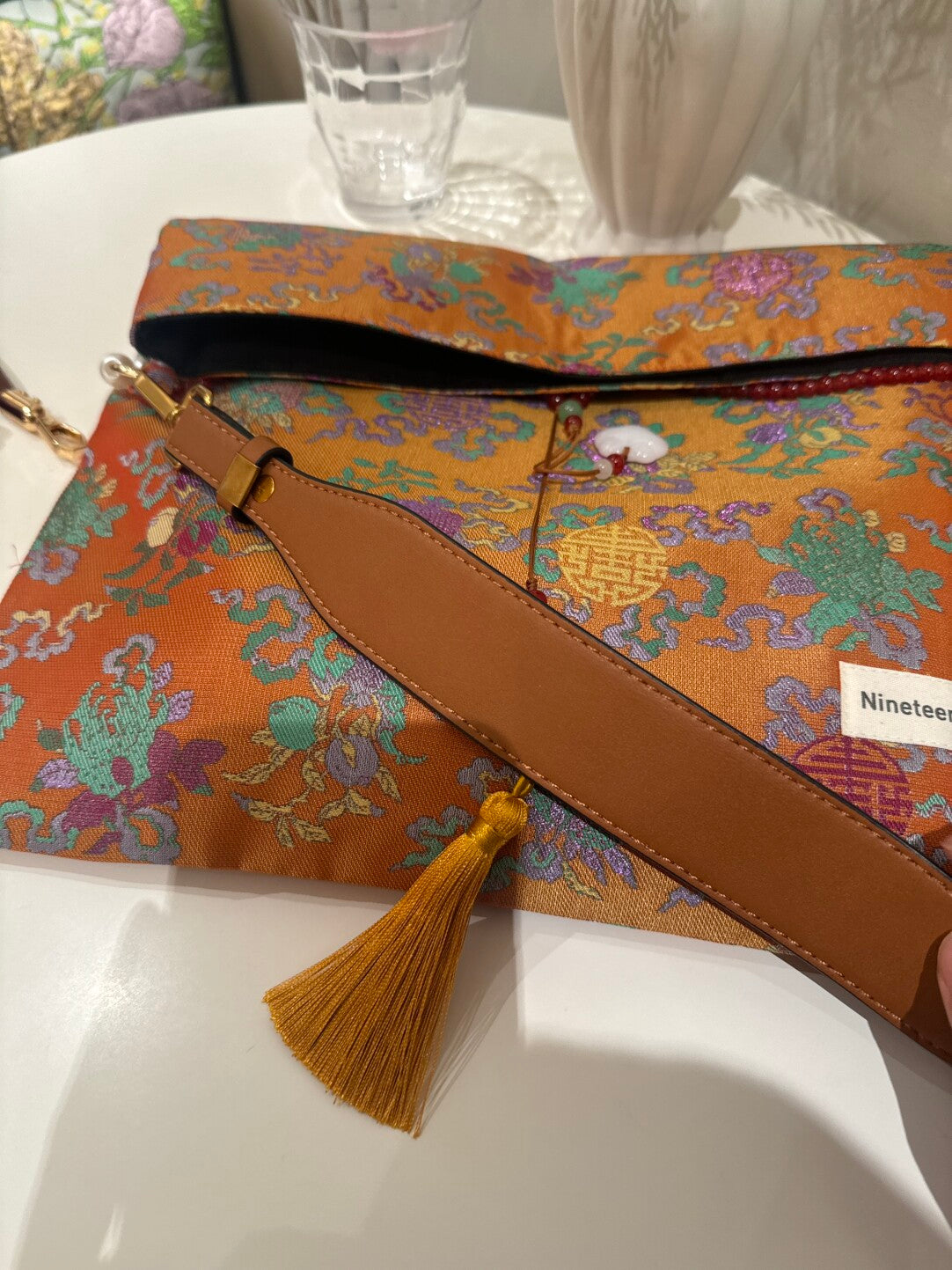 [Chinoiserie] Orange Auspicious Pattern Beaded Tassel Silk Bag