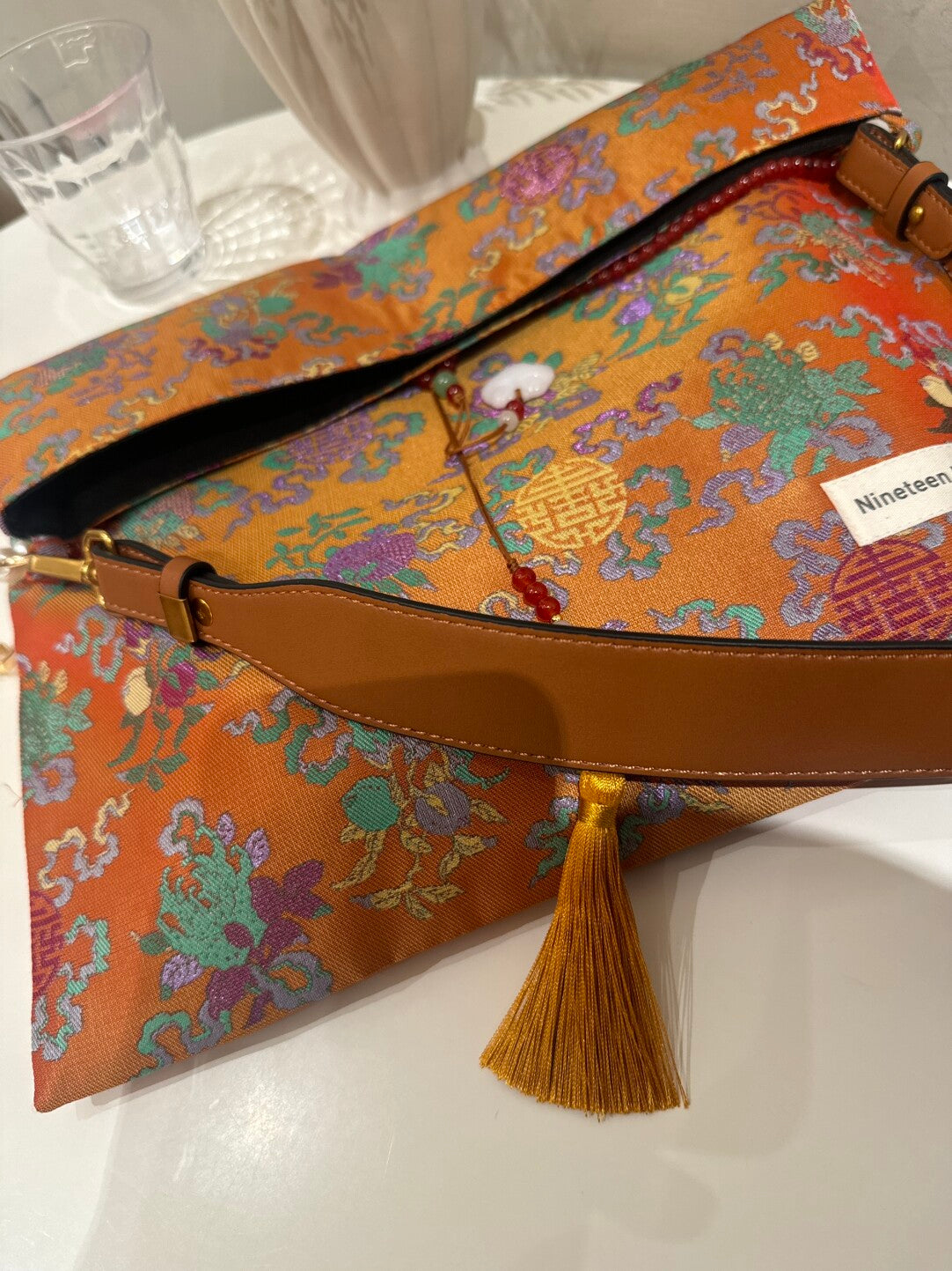 [Chinoiserie] Orange Auspicious Pattern Beaded Tassel Silk Bag