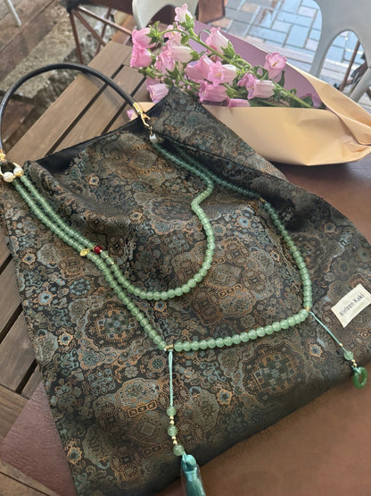 [Chinoiserie] Oriental Style Pattern Beaded Tassel Silk Bag