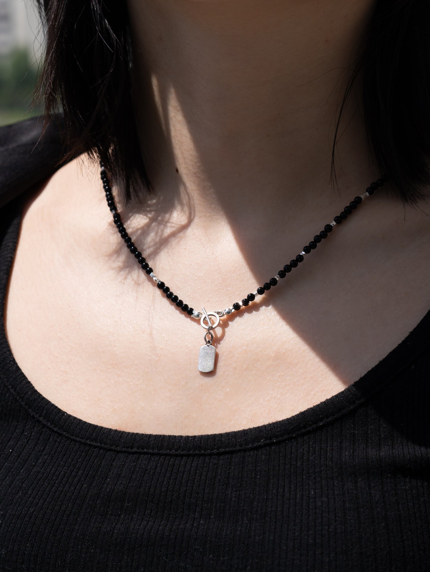 「Chinoiserie」Peace Talisman Silver Black Agate Beaded Bracelet