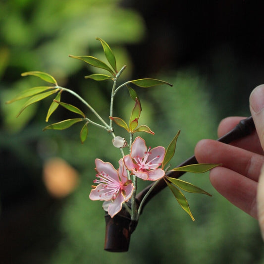 「 Chinoiserie」Peaches Blossom Bamboo Leaf Hairpin