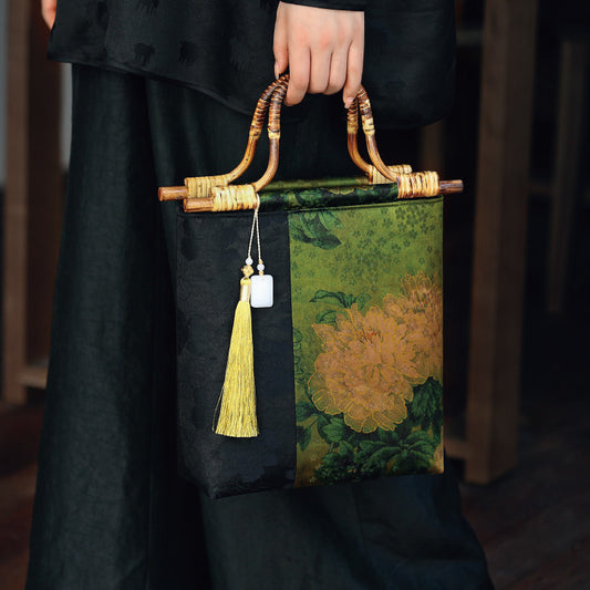 [Chinoiserie] Peony Bamboo Handle Handbag
