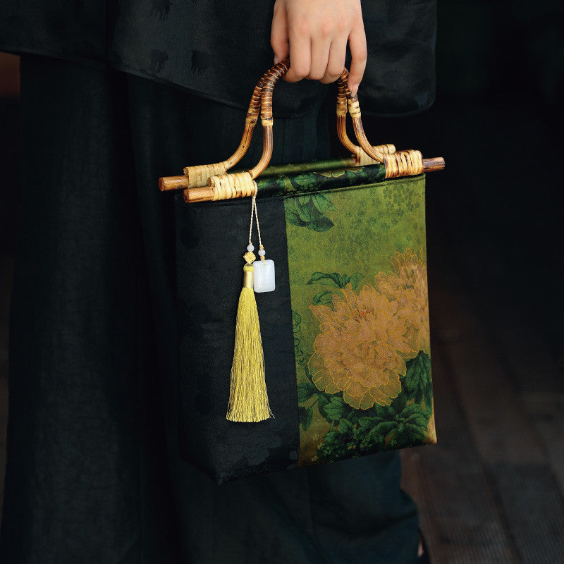 [Chinoiserie] Peony Bamboo Handle Handbag