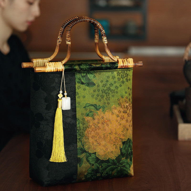 [Chinoiserie] Peony Bamboo Handle Handbag