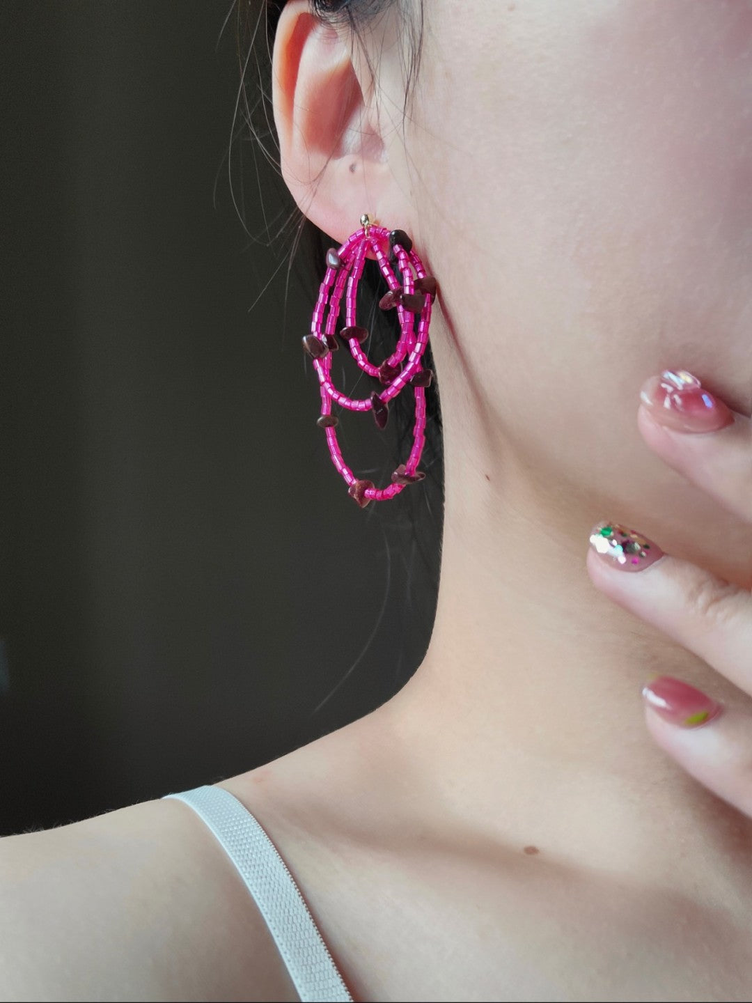 「Chinoiserie」Pink Colored Glaze Beaded Earrings