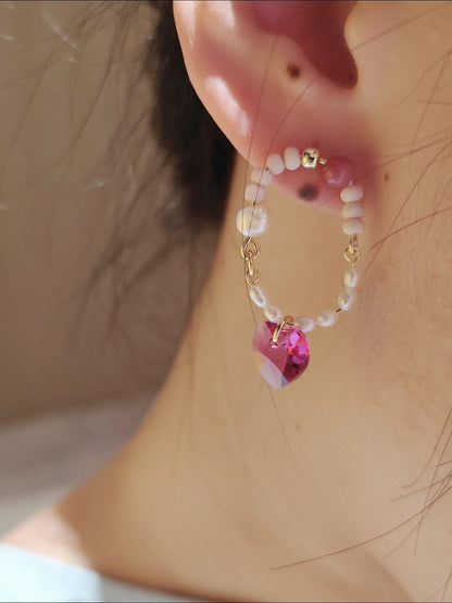 「Chinoiserie」Pink Crystal Pearl Hoop Earrings
