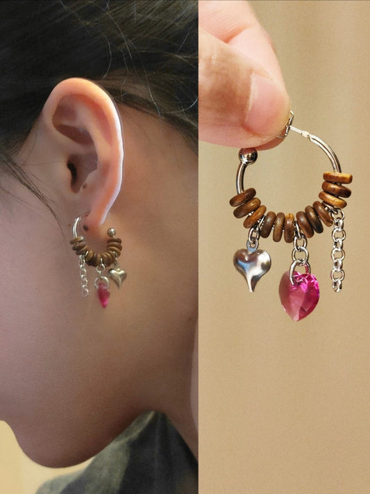 「Chinoiserie」Pink Crystal Sandalwood Hoop Earrings