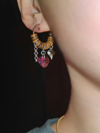 「Chinoiserie」Pink Crystal Sandalwood Hoop Earrings