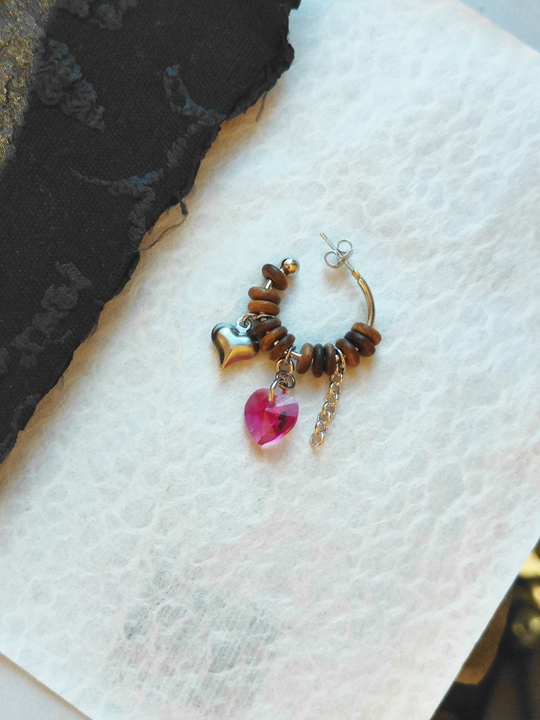 「Chinoiserie」Pink Crystal Sandalwood Hoop Earrings