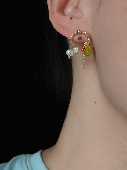 「Chinoiserie」Pink Green Natural Jade Pearl Earrings