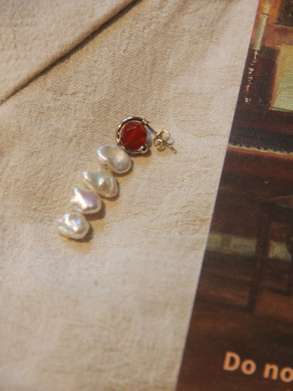 「Chinoiserie」Red Agate Pearl Dangle Earrings