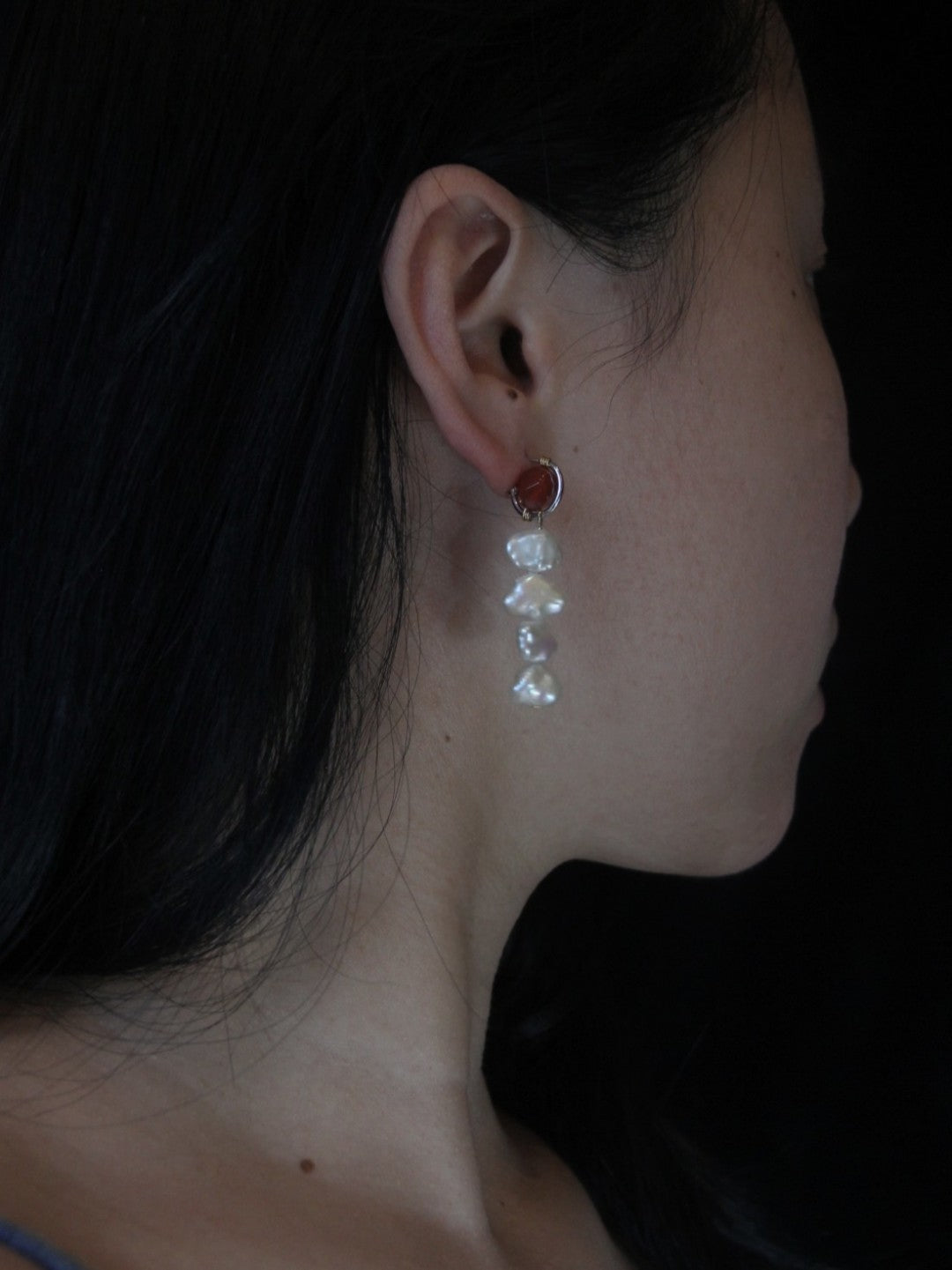 「Chinoiserie」Red Agate Pearl Dangle Earrings