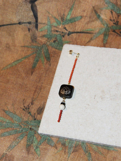 「Chinoiserie」Red Black Ebony Lotus Long Earrings