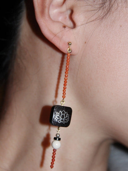 「Chinoiserie」Red Black Ebony Lotus Long Earrings