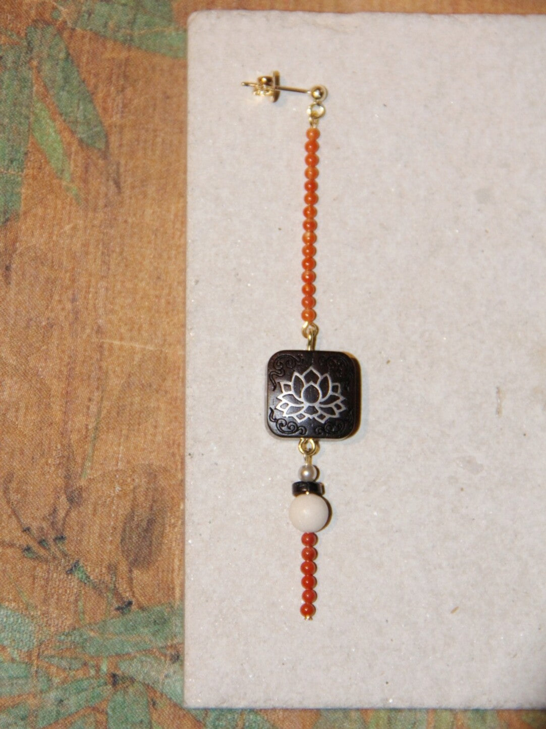 「Chinoiserie」Red Black Ebony Lotus Long Earrings