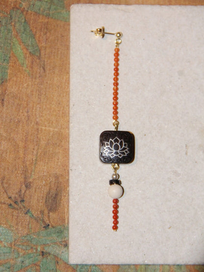 「Chinoiserie」Red Black Ebony Lotus Long Earrings