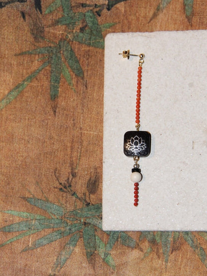 「Chinoiserie」Red Black Ebony Lotus Long Earrings