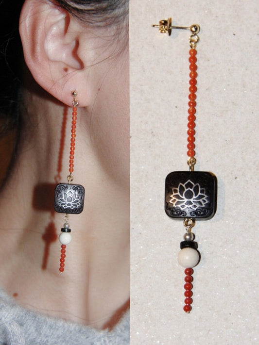 「Chinoiserie」Red Black Ebony Lotus Long Earrings