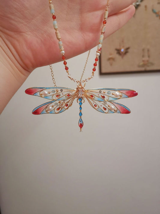 「 Chinoiserie」Red Blue Dragonfly Necklace