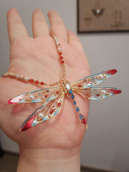 「 Chinoiserie」Red Blue Dragonfly Necklace