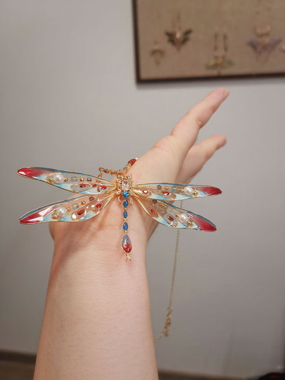 「 Chinoiserie」Red Blue Dragonfly Necklace