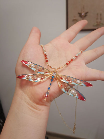 「 Chinoiserie」Red Blue Dragonfly Necklace