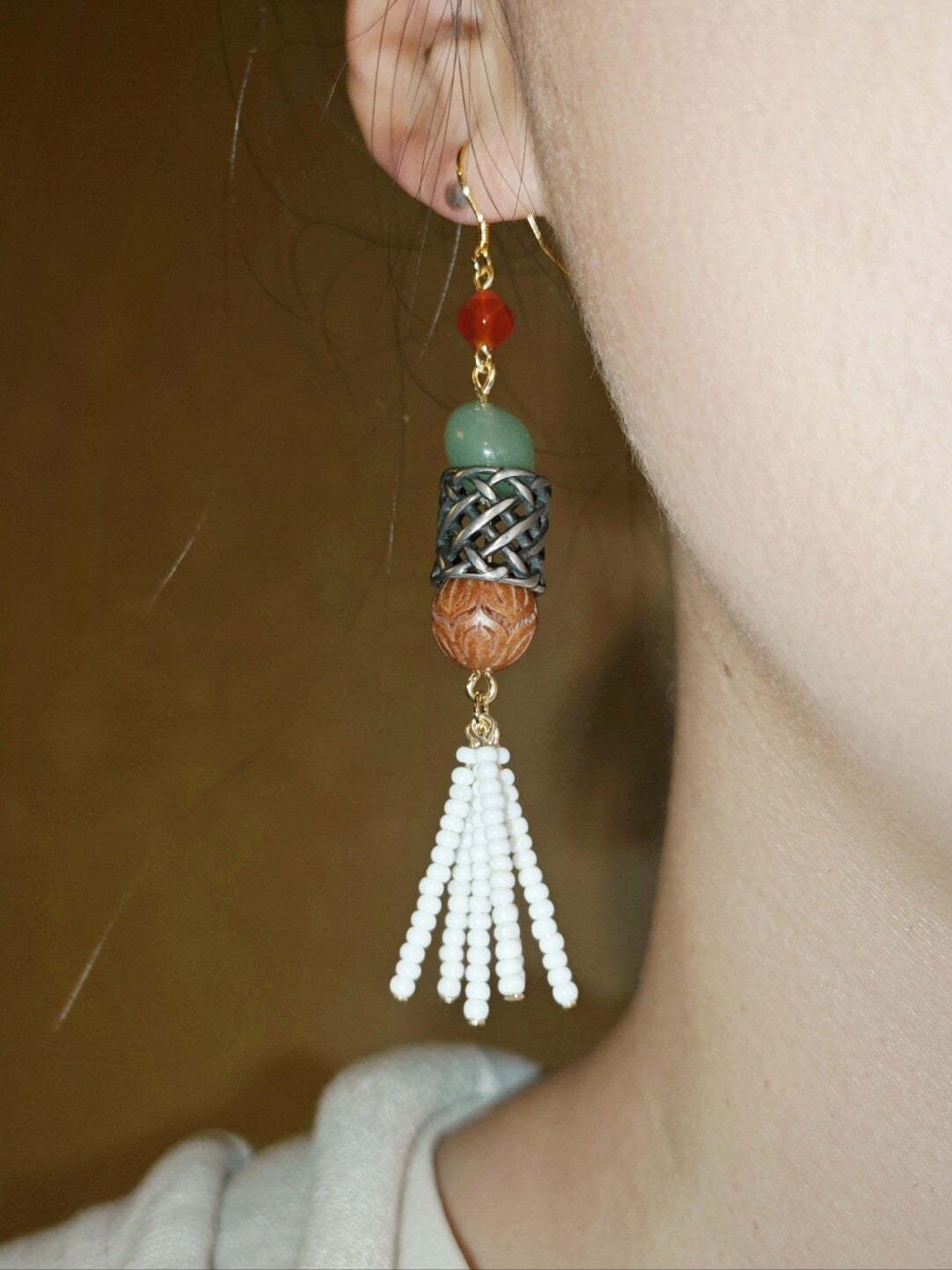 「Chinoiserie」 Red Green Long Tassel Earrings