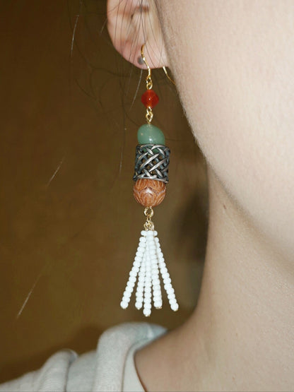 「Chinoiserie」 Red Green Long Tassel Earrings