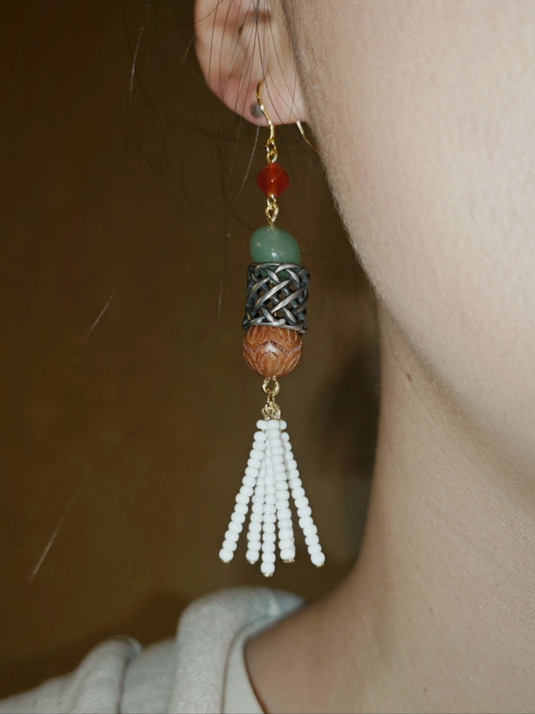 「Chinoiserie」 Red Green Long Tassel Earrings
