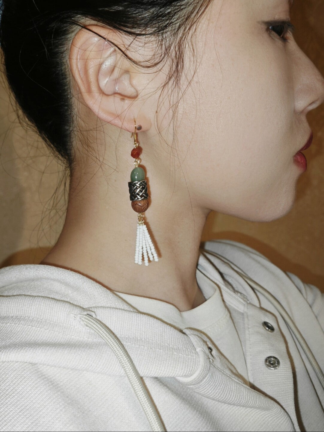 「Chinoiserie」 Red Green Long Tassel Earrings