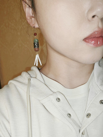 「Chinoiserie」 Red Green Long Tassel Earrings