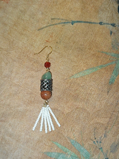 「Chinoiserie」 Red Green Long Tassel Earrings