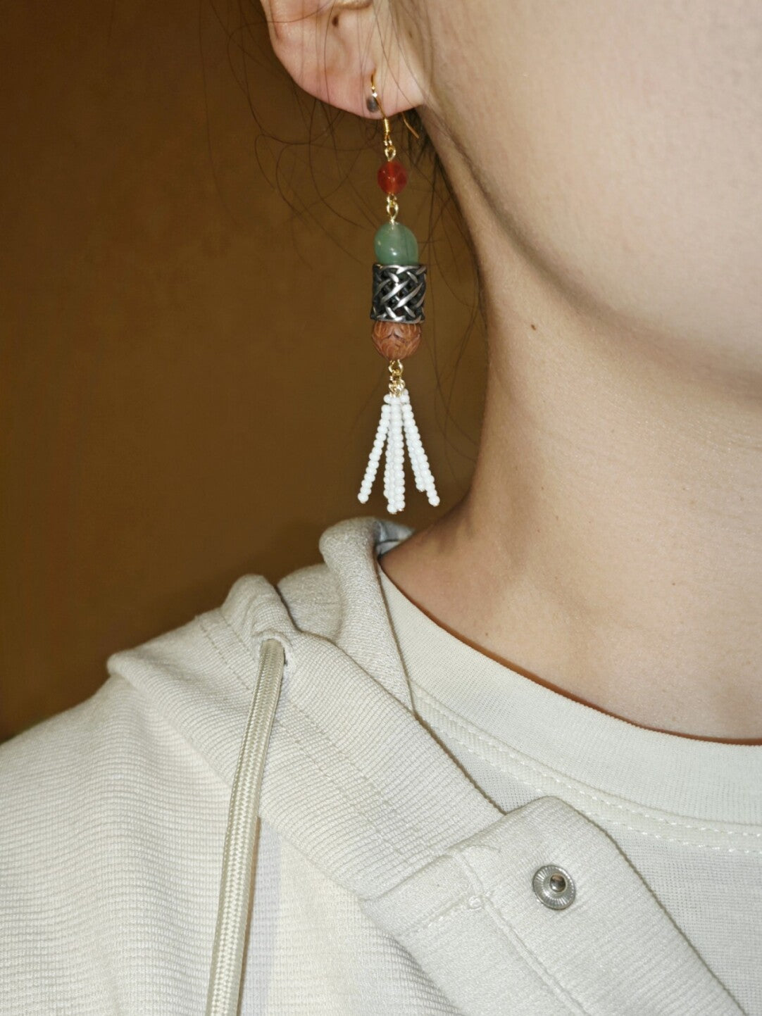 「Chinoiserie」 Red Green Long Tassel Earrings