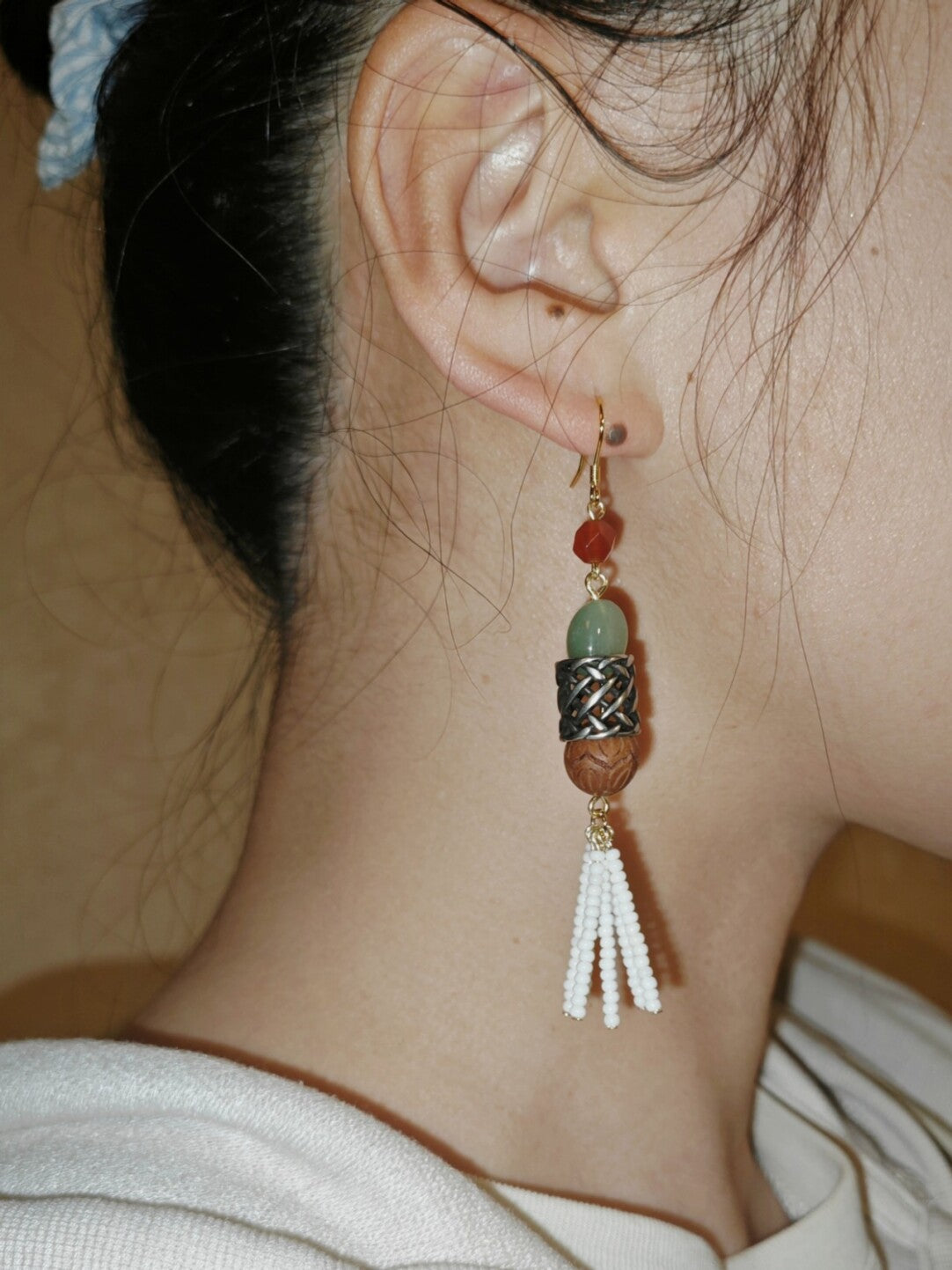 「Chinoiserie」 Red Green Long Tassel Earrings